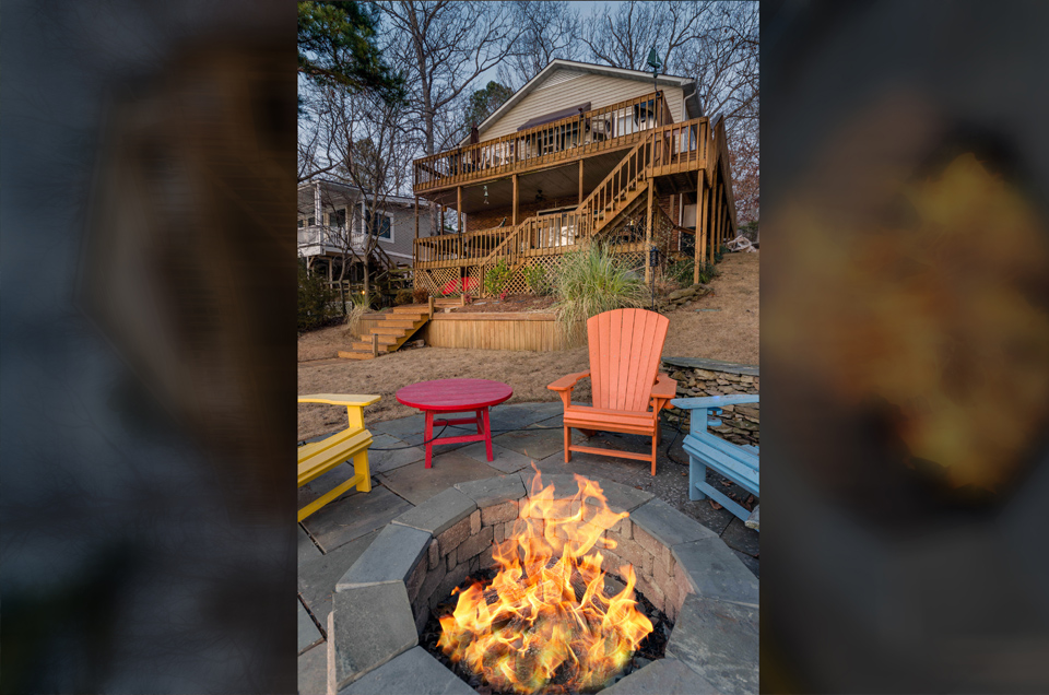 For this hero shot we set a nice, cozy scene infront of the firepit. This shot was all about the 'feel'. The house sits on Badin Lake, in New London NC. Shot be Esjay Media, Charlotte real estate photography.