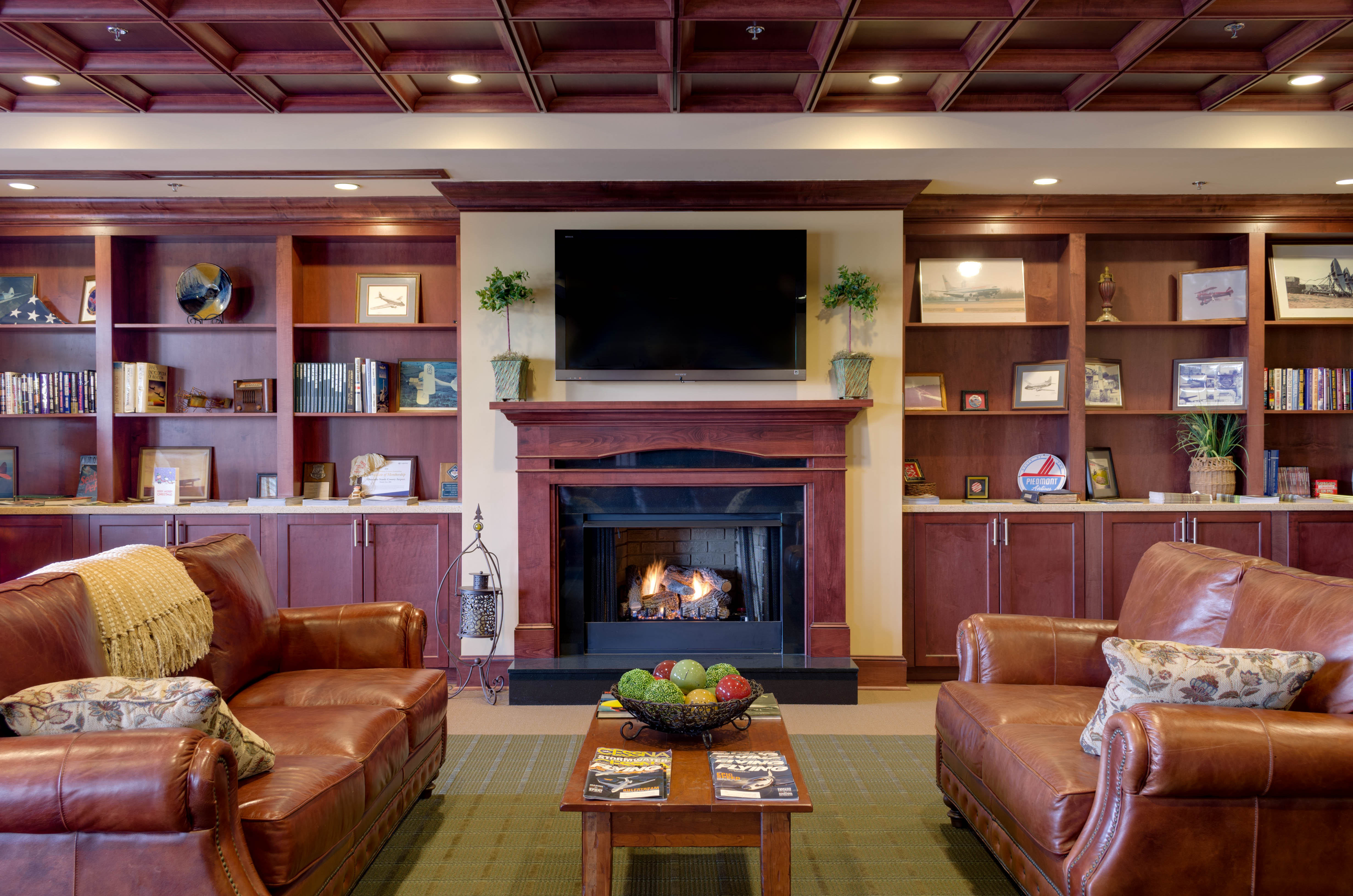 A beautiful fireplace in the passenger lounge at the Stanly County Airport